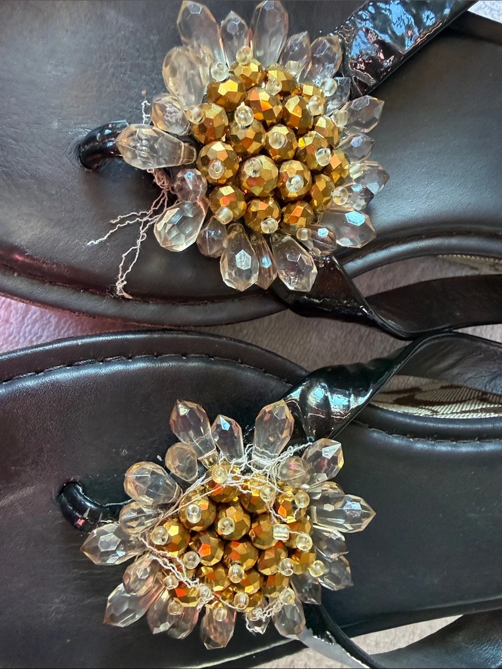 Coach Brown Signature Platform Wedge Sandals with Gold Bead Detail